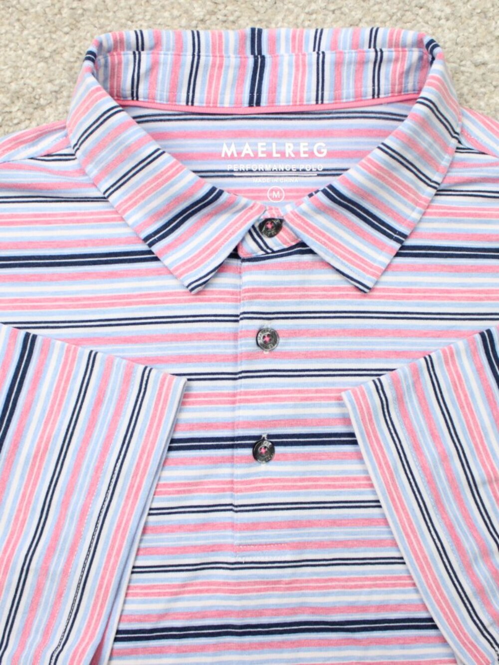Maelreg Polo Shirt Mens Medium Pink/Blue Performance Golf Poly/Rayon Stretch S/S